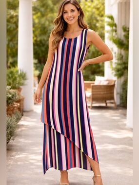 project RUNWAY Multicolor Vertical Stripe Maxi Dress - Navy, Pink, Green, Orange